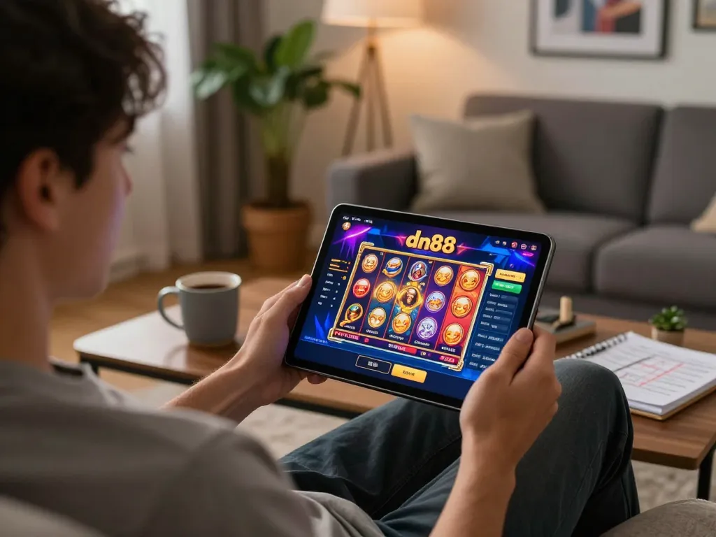 Engaging in dn88 online gaming session on tablet in cozy living room with strategy notes