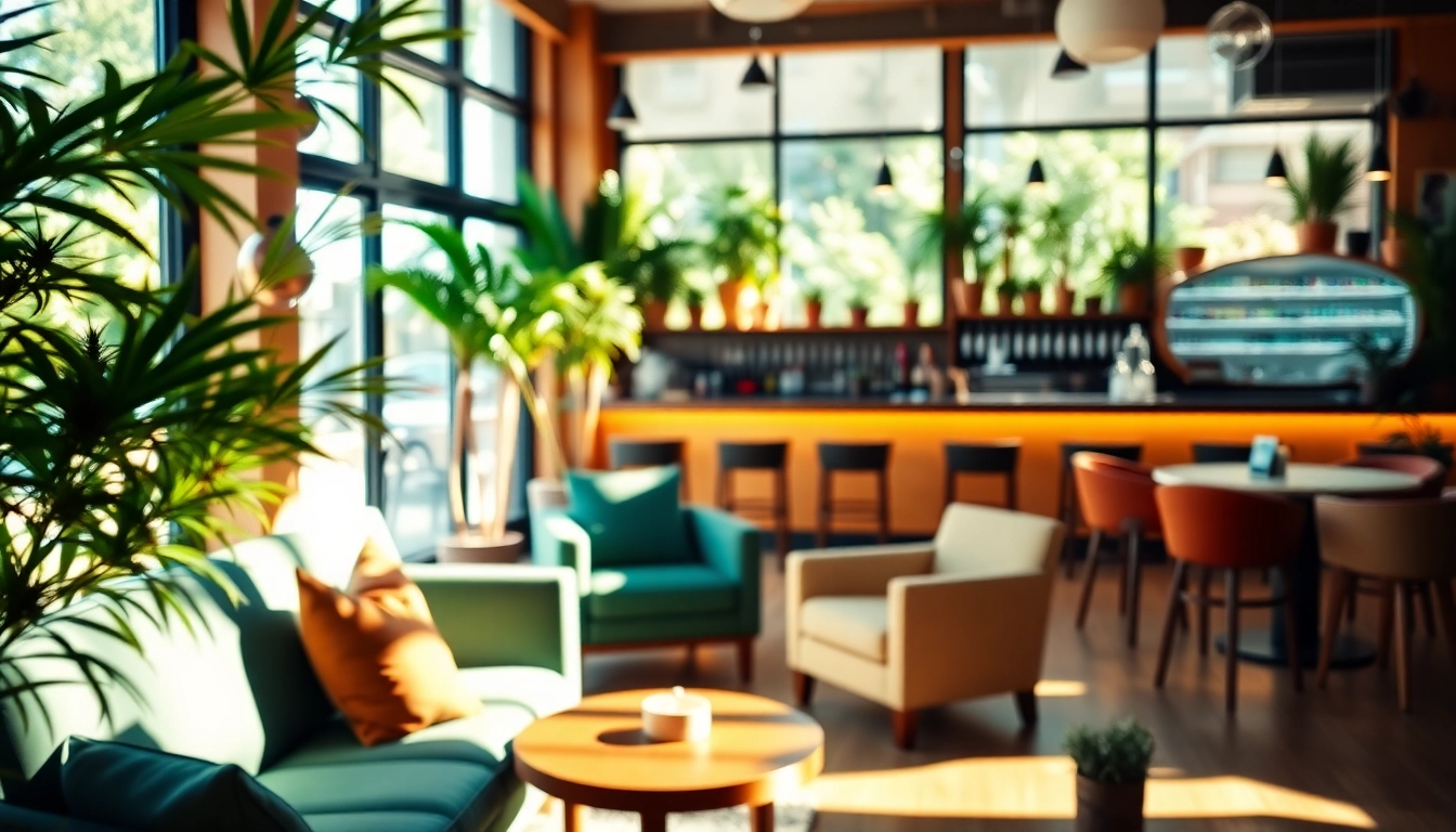 Experience the warmth of the Lloret de Mar Cannabis Club's inviting lounge area with plush seating and bright greenery.