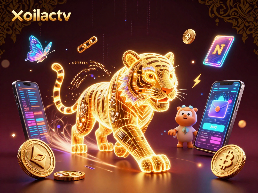 Engage with xoilactv's dynamic digital casino world featuring a neon tiger and cryptocurrency elements.