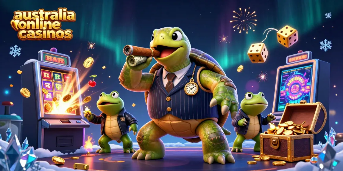 A vibrant illustration showcasing australia online casinos with a turtle mobster and bullfrog enforcers celebrating a jackpot win.