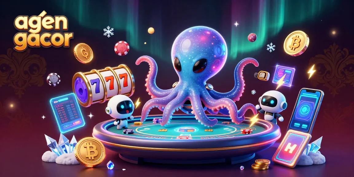 Spin winning slots with agen gacor, featuring a playful alien octopus and a tiny robot in a vibrant cosmic casino.