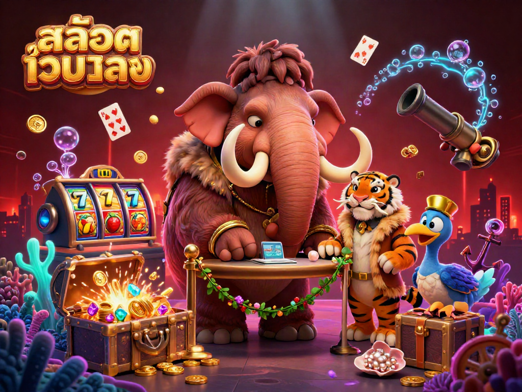 Experience the vibrant world of สล็อตเว็บตรง with our lively casino scene featuring a woolly mammoth, saber-tooth tiger, and stunning game elements.