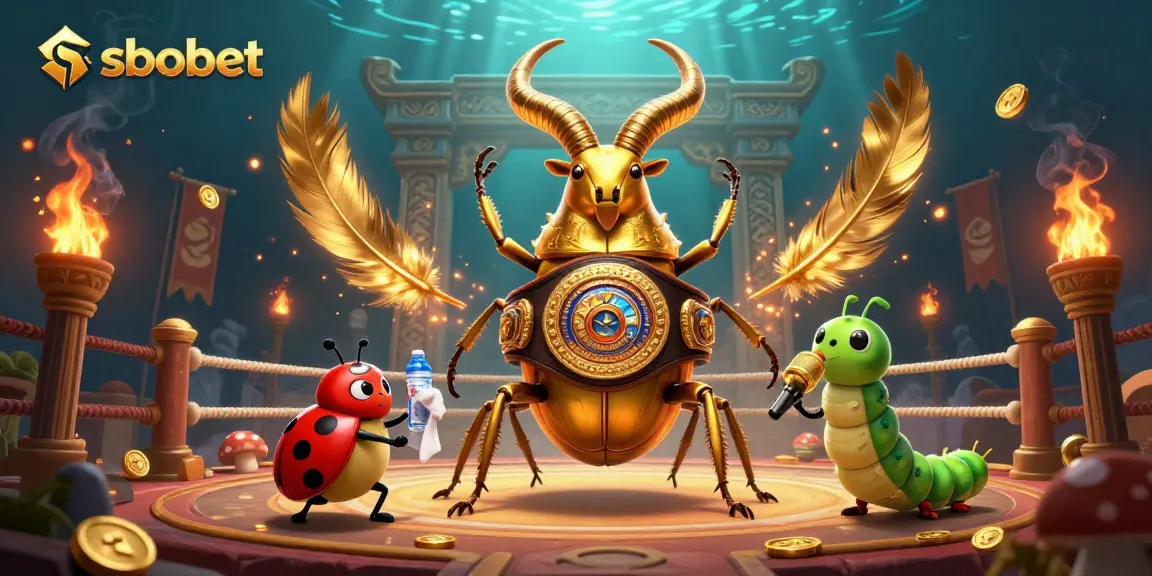Sbobet presents a golden stag beetle champion in an energetic boxing ring scene with vibrant casino elements.