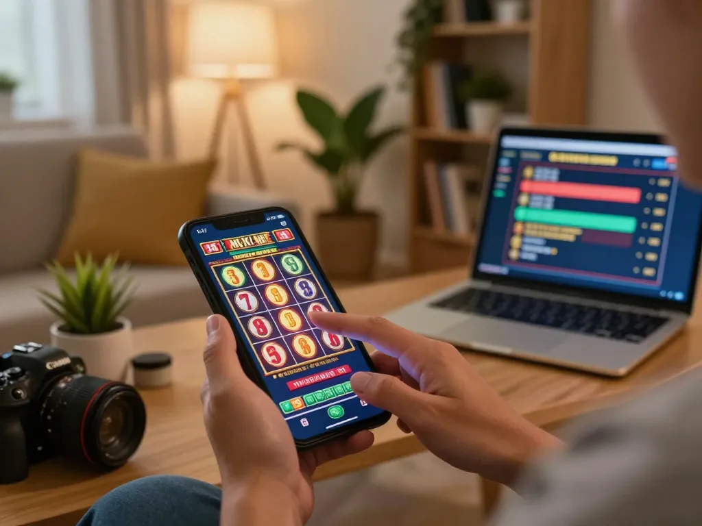 Engaging with a mobile casino app, showcasing situs slot gaming in a cozy home setting with warm lighting.