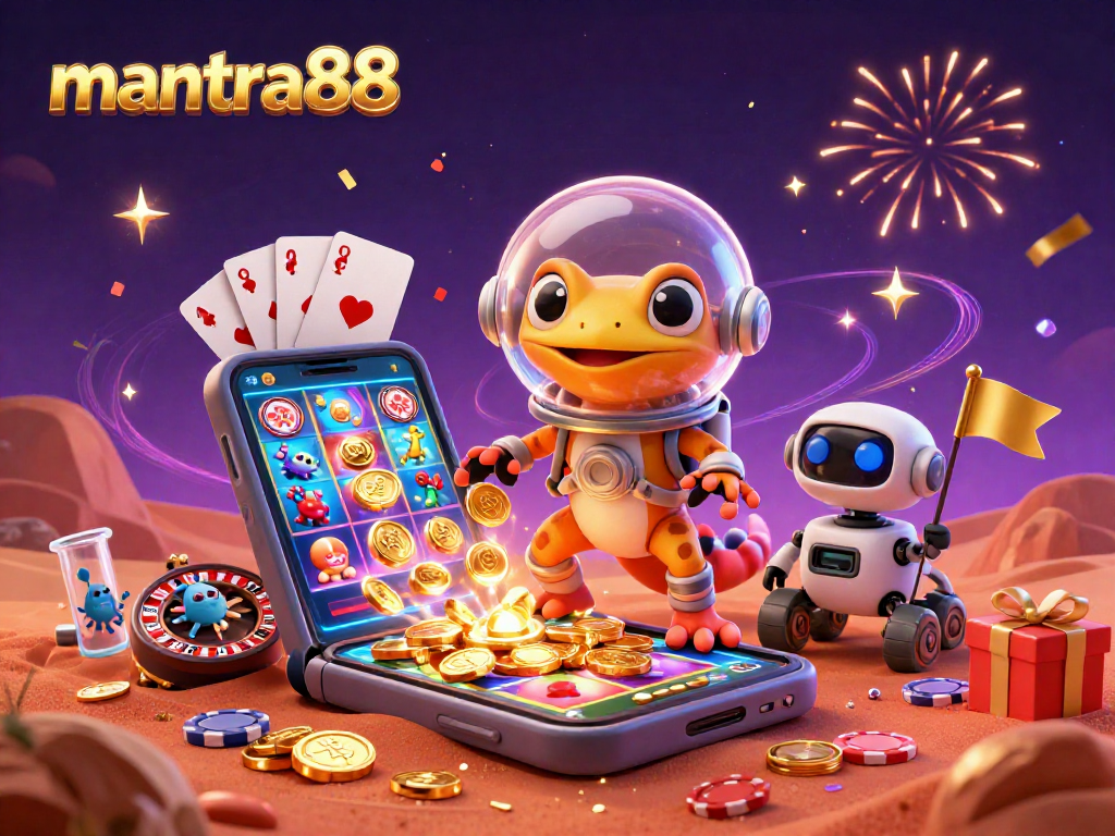 Experience thrilling action with mantra88 at the colorful slot game casino illustration.