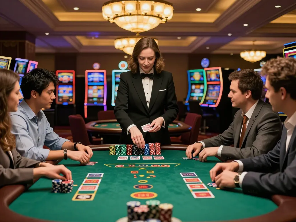 Superjp players placing strategic bets at an elegant blackjack table in a luxurious casino setting