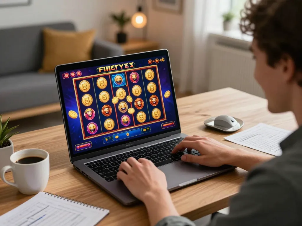 Pemain merayakan kemenangan di slot online bintangmpo dengan grafis yang cerah di lingkungan rumah yang nyaman.