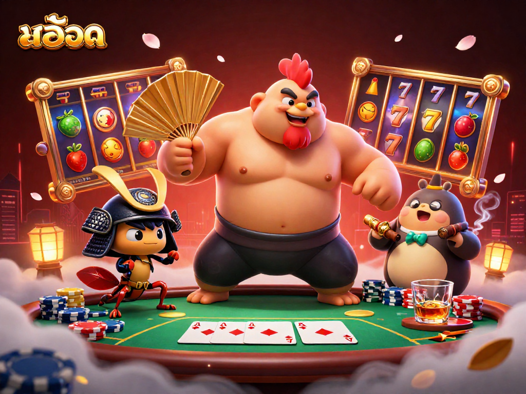 Engage in สล็อต action with a powerful sumo rooster, samurai cricket, and dynamic casino elements.