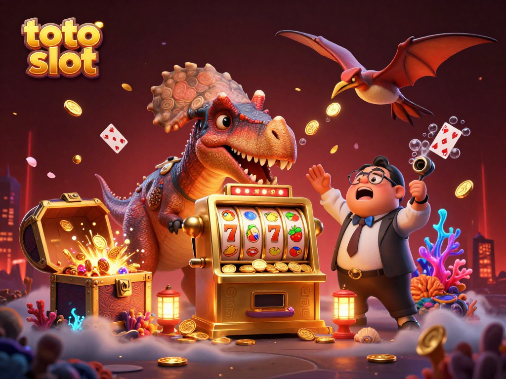 Experience the thrill of winning on a toto slot machine with cartoon dinosaurs in action!