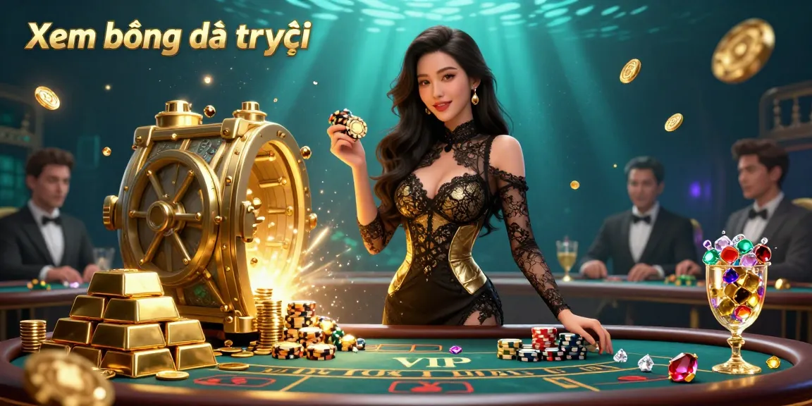 Xem bóng đá trực tiếp in an engaging casino scene featuring a glamorous Asian woman with golden casino chips in a high-stakes atmosphere.
