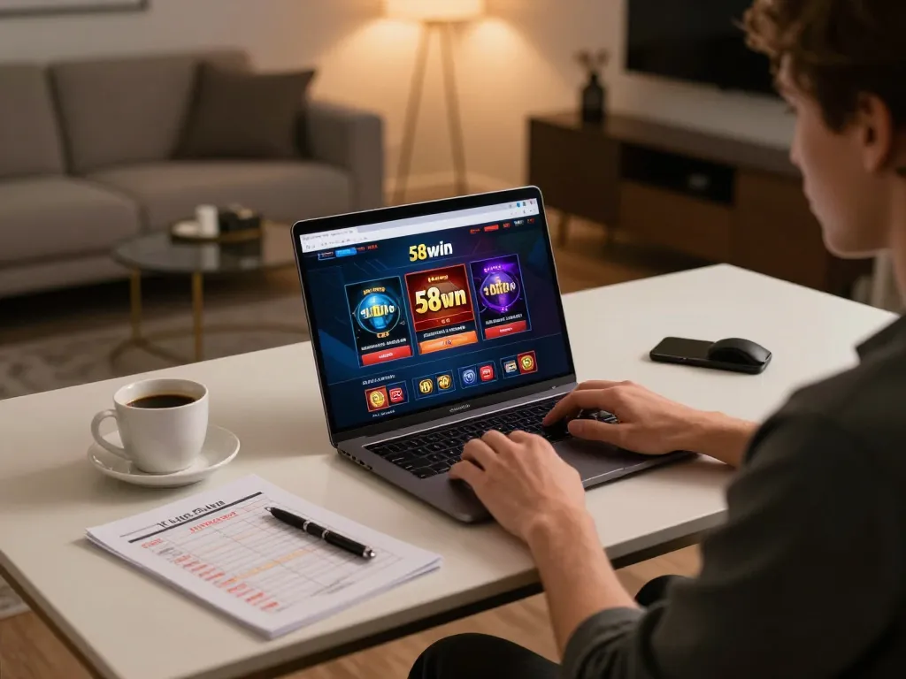 Engaged user playing on 58win online gambling platform at home with a laptop and notes.