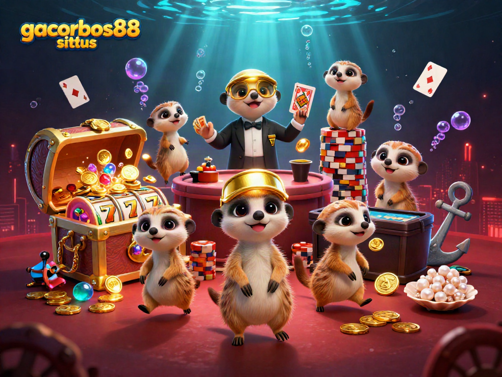 Experience the thrill of gacorbos88 situs with a bustling meerkat casino scene filled with lively action and slot reels.