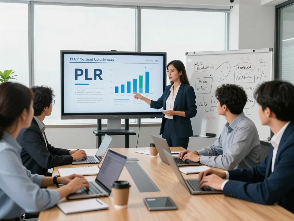 Professionals discussing strategies to Purchase PLR Content in a modern office setting, showcasing collaboration and innovation.