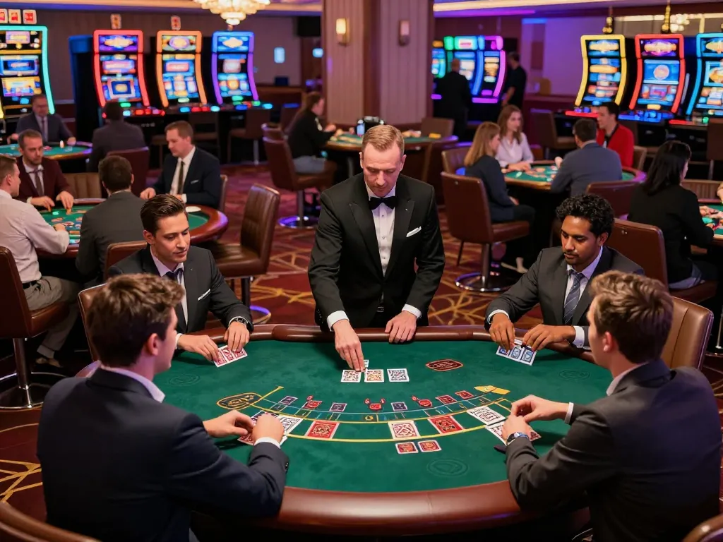 Players engaging in blackjack strategy using app lc88 for online gameplay, with dynamic casino atmosphere.