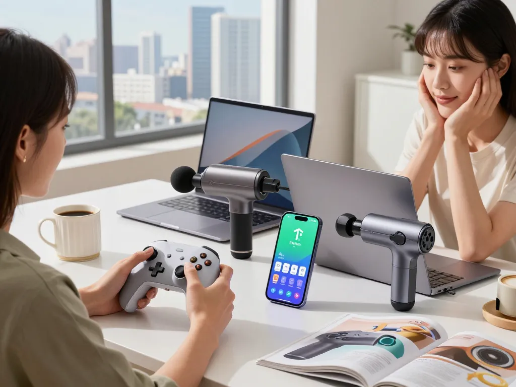 Exploring trending tech gadgets in a modern home office with various devices including the Tile Mate, AirFly Pro 2, and 8BitDo Ultimate controller.