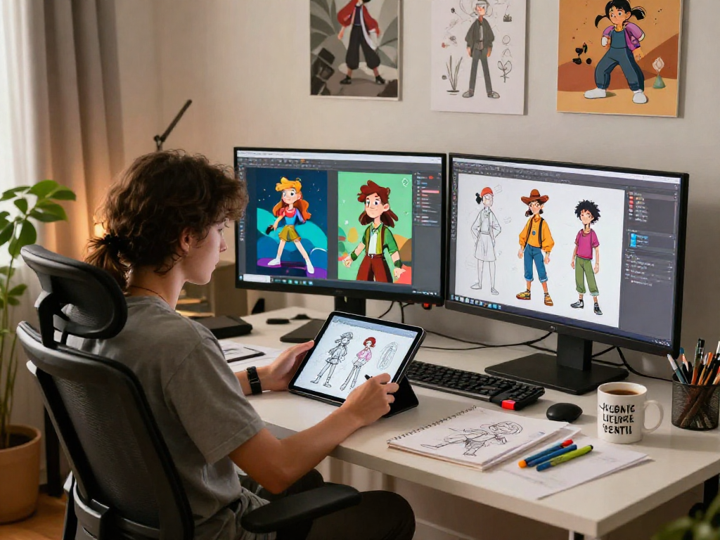Immersive character ai nsfw design workspace with vibrant digital art.