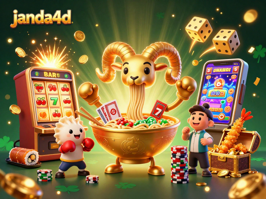 Play exciting games at janda4d with vibrant casino characters celebrating a jackpot.