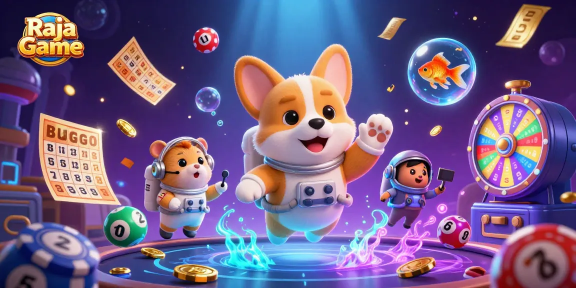 Join the excitement of Raja Game with a colorful floating scene of an astronaut corgi amidst casino elements.