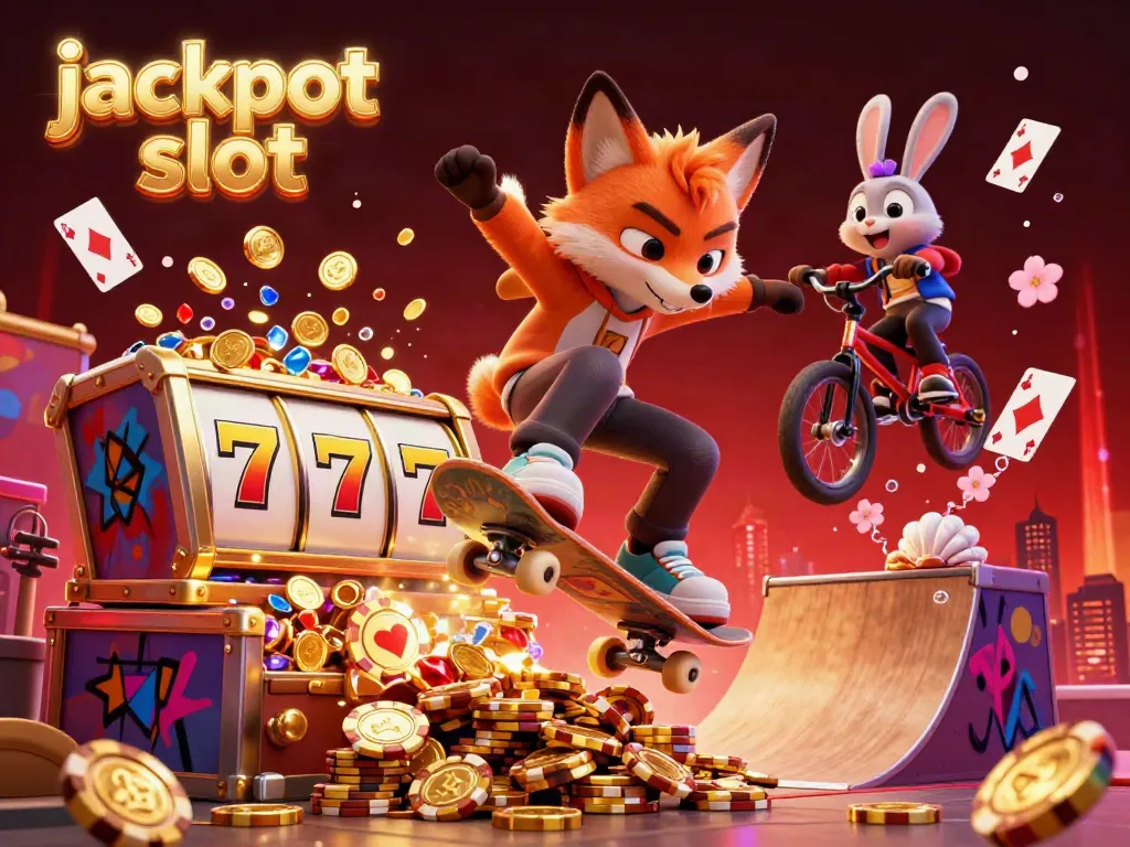 Jackpot slot adventure with a fox and rabbit performing tricks over gold poker chips and vibrant casino graffiti.