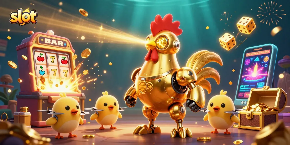 Menggambar slot dengan jackpot yang meledak, robot ayam emas futuristik, dan drone anak ayam, memikat pemain.