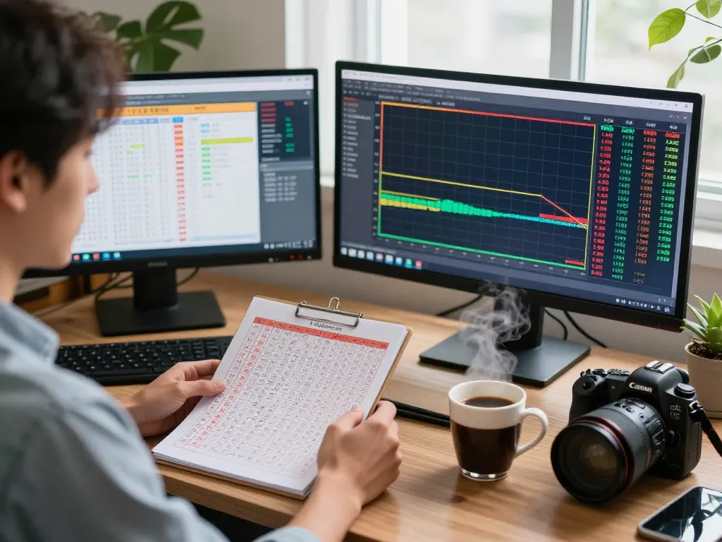 Engaged player analyzing Data HK results in a bright home office with multiple screens.
