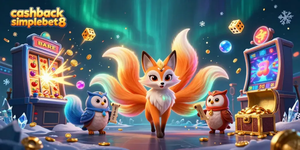 Experience the excitement of cashback simplebet8 with a vibrant illustration of a nine-tailed fox and an owl amidst slot machine elements and bright colors.