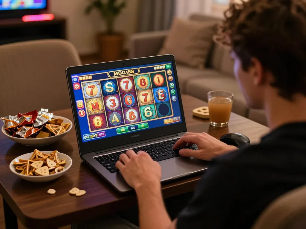 Player spinning reels at MDG188 online casino in a cozy home setup.