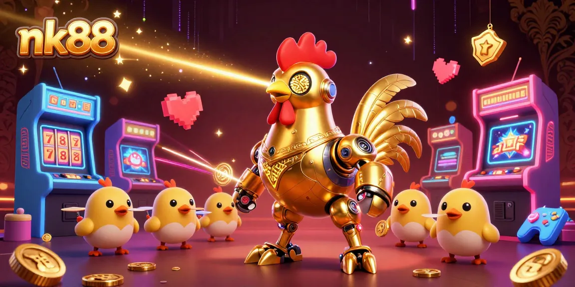 Experience exciting nk88 gameplay featuring a golden rooster robot amidst arcade machines and jackpot elements.