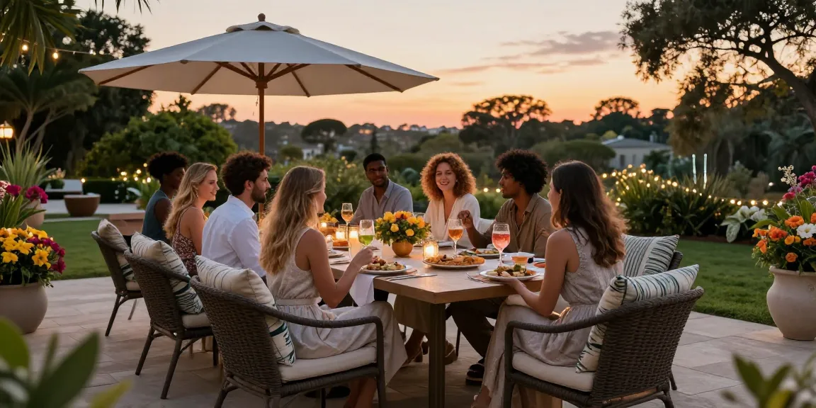 Luxury patio furniture with a glamorous 9-piece dining set, friends enjoying lunch under a chic umbrella in a vibrant outdoor setting.