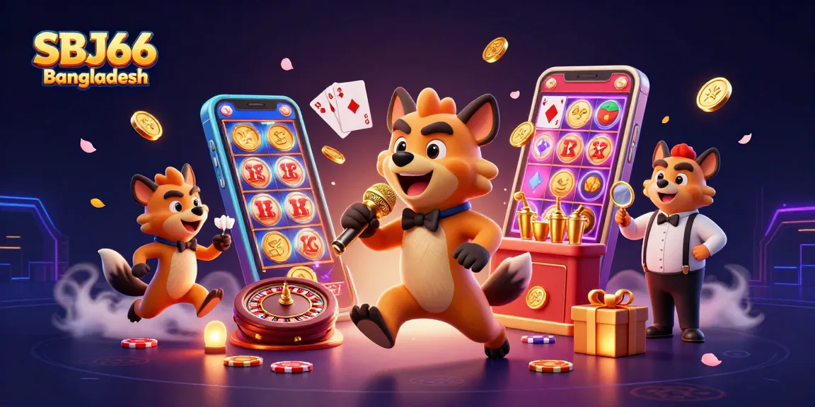 Engaging SBJ66 Bangladesh casino scene featuring hyenas in a comedy club, mixed drinks, and vibrant slot games.