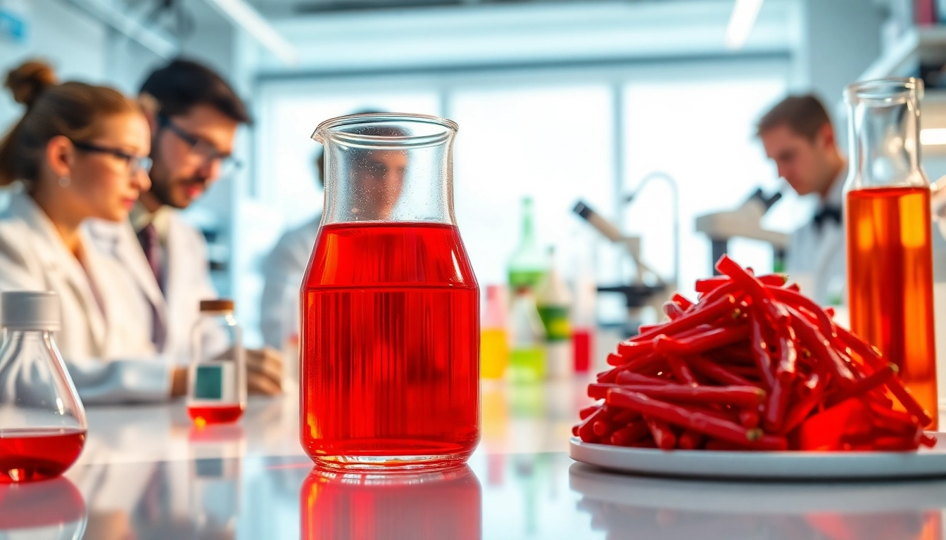 Illustration of how is astaxanthin produced through laboratory processes involving vibrant red oils.
