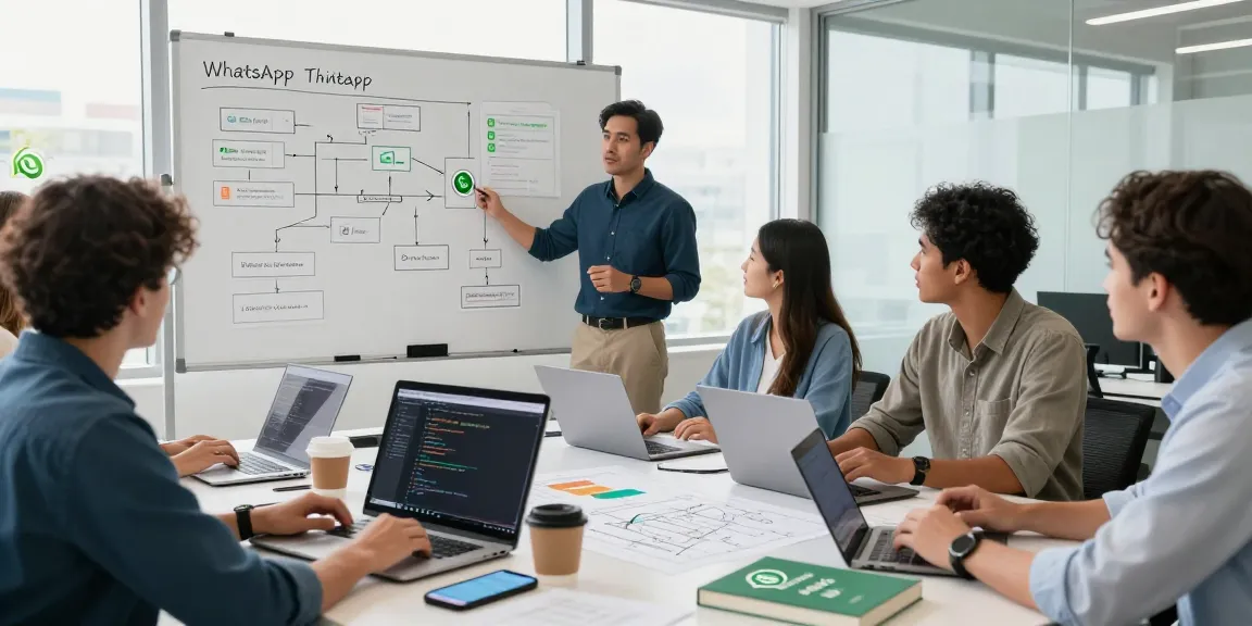 Developers collaborating on WhatsApp下載 features in a modern workspace, showcasing teamwork and innovation.