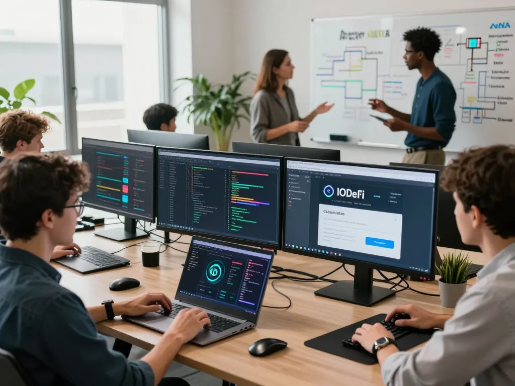 Team collaborating on innovative solutions for the IODeFi official website in a modern workspace.