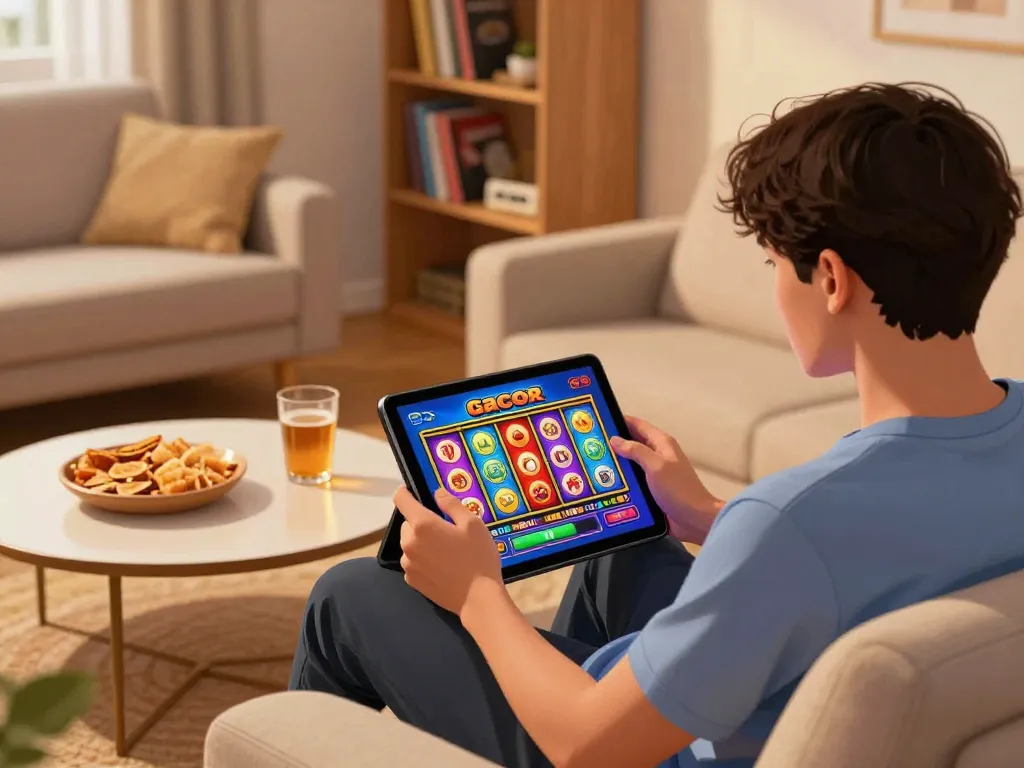 Engaging player enjoying a slot gacor game on a tablet in a cozy living room.