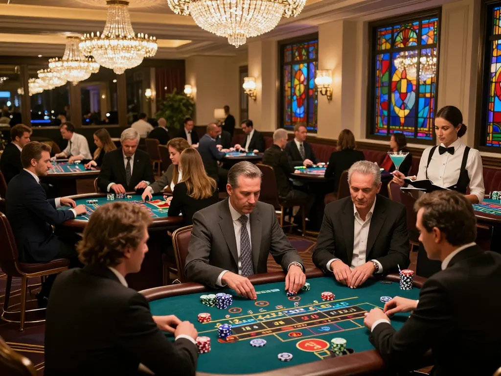 Players strategizing at fabet baccarat tables in an upscale casino