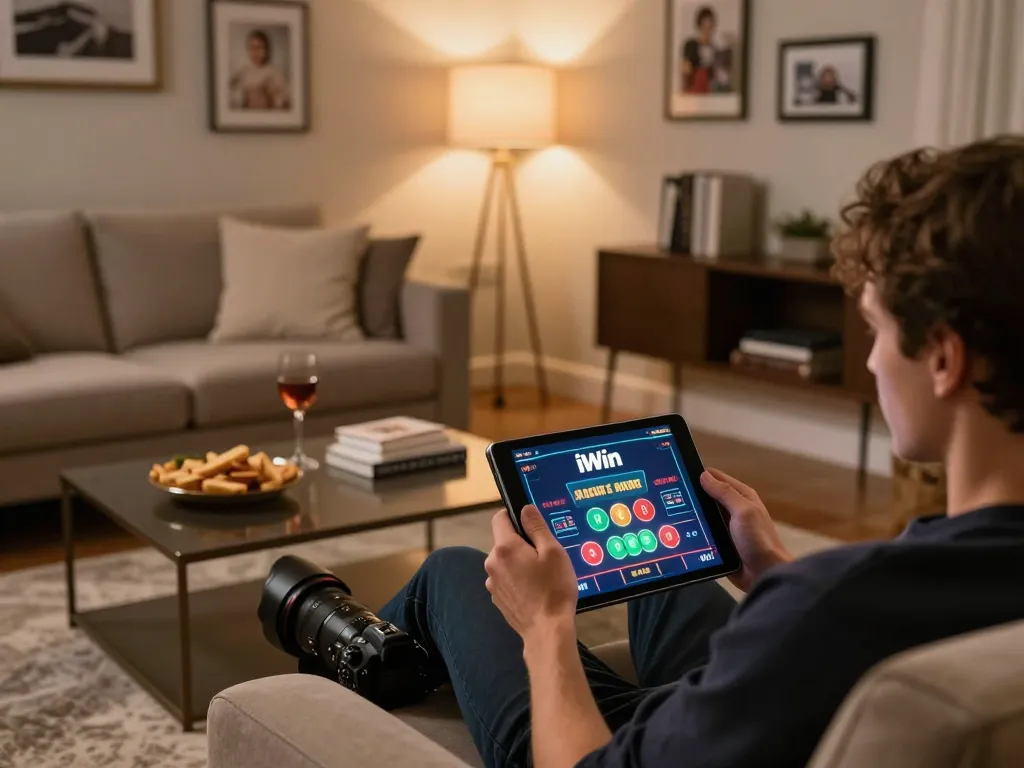 Engaging with iWin online casino games from a modern living room, showcasing interactive tablet interface.