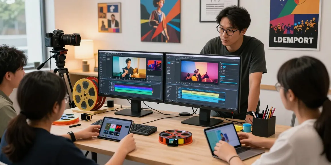Engaging scene of a creative video editing and animation course featuring an instructor demonstrating techniques, with students using modern editing software.