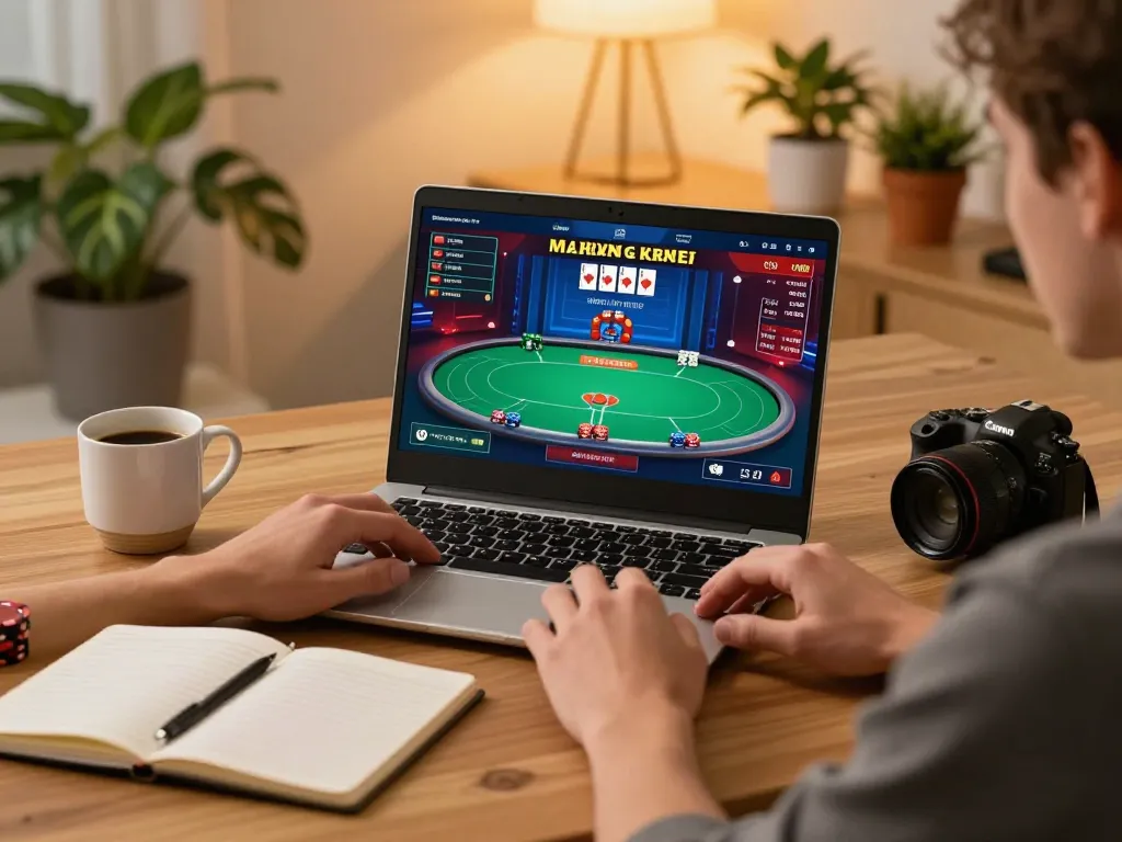 Trải nghiệm m88 mới nhất hôm nay với một người chơi đang tham gia đặt cược poker trực tuyến chiến lược từ một không gian thoải mái tại nhà.