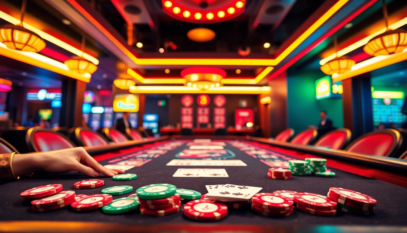 Mainkan permainan di kasino dengan bbni4d yang menampilkan chip berwarna dan suasana meriah.