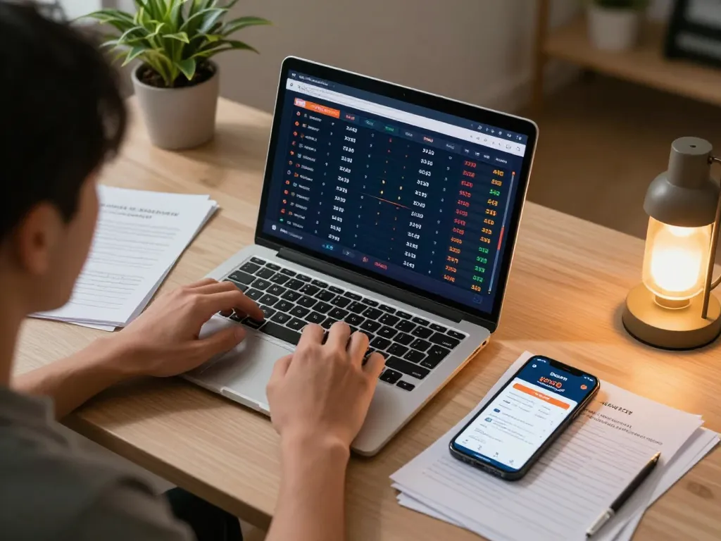 Engaging sports betting with kim99 app, person analyzing odds and strategies in home setting