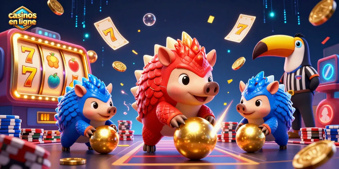Des pangolins en compétition dans un casino en ligne, avec des rouleaux de machines à sous et des jetons.