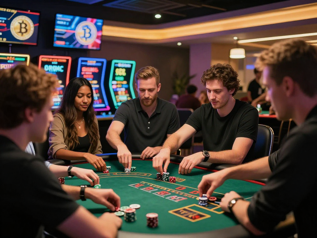 Engaged players at a crypto casino table enjoying blackjack and roulette in a vibrant modern setting.