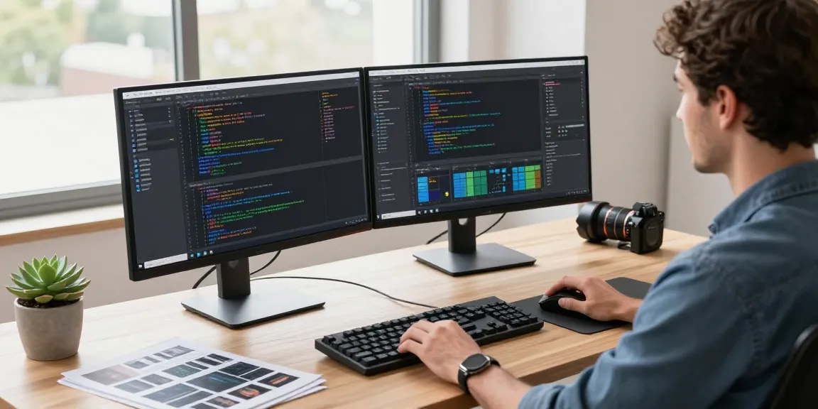 Efficient software developer using 截图工具 in a modern workspace, showcasing advanced tech setup.