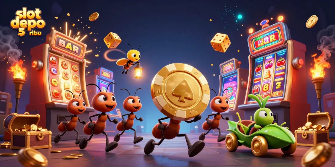 Witness slot depo 5 ribu adventure as cartoon ants steal a giant poker chip, surrounded by casino excitement.