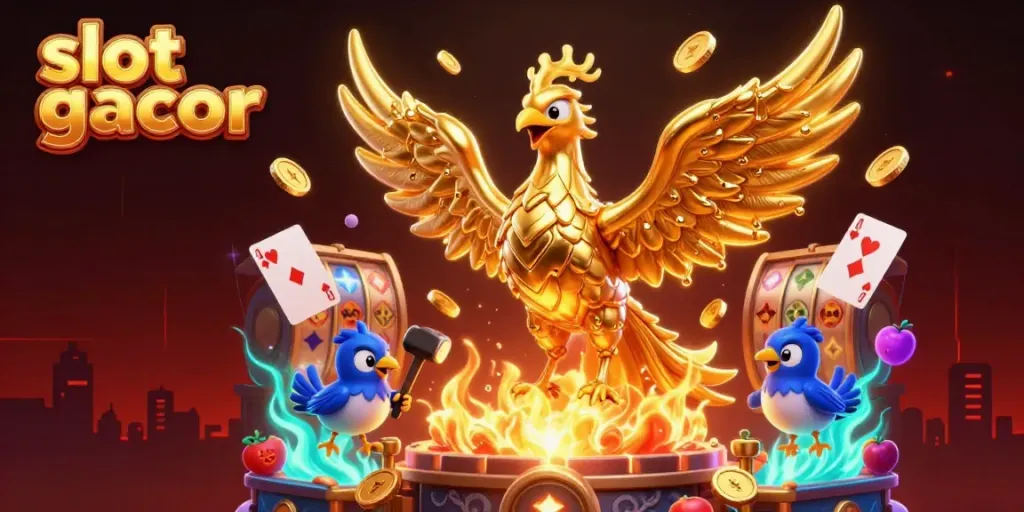 Experience the thrill of slot gacor as a molten golden phoenix emerges, surrounded by vibrant casino elements.