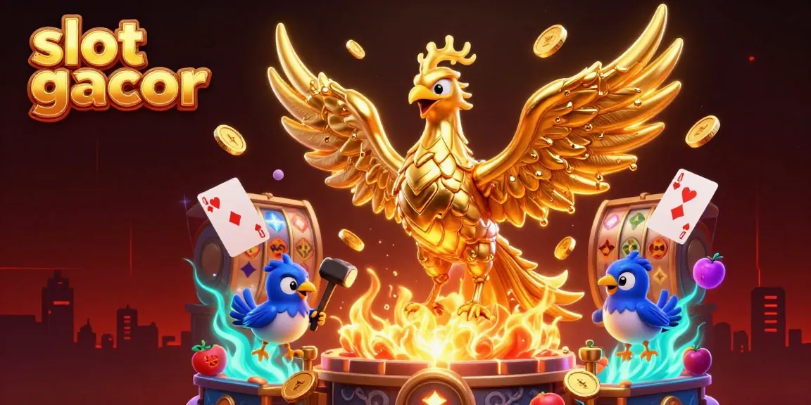 Experience the thrill of slot gacor as a molten golden phoenix emerges, surrounded by vibrant casino elements.