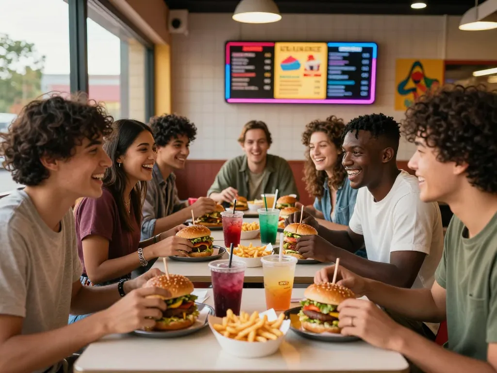 Group enjoying fast food meals highlighting current fast food prices in a vibrant setting.