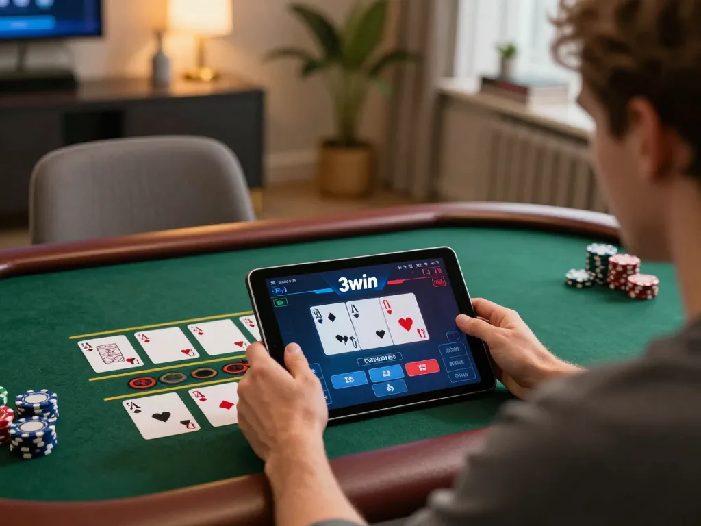 Engaging with 3win's online casino platform, showcasing a player using a tablet for live dealer games