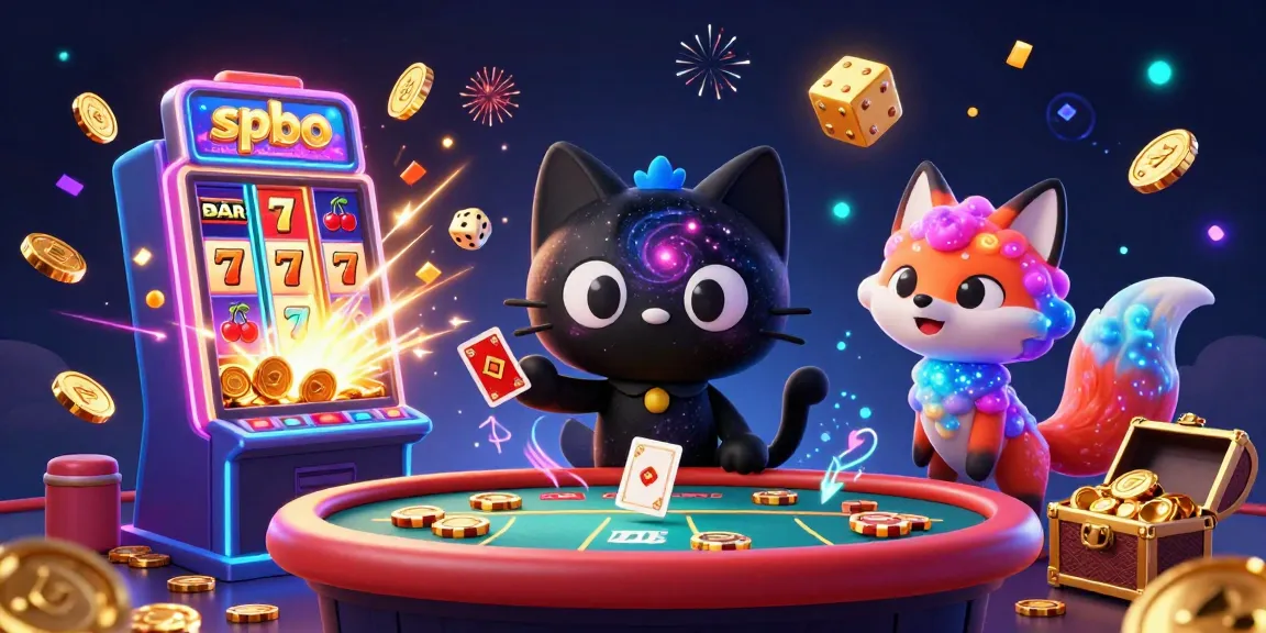 Engage with spbo's cosmic casino experience featuring a black hole cat drawing in chips and cards.