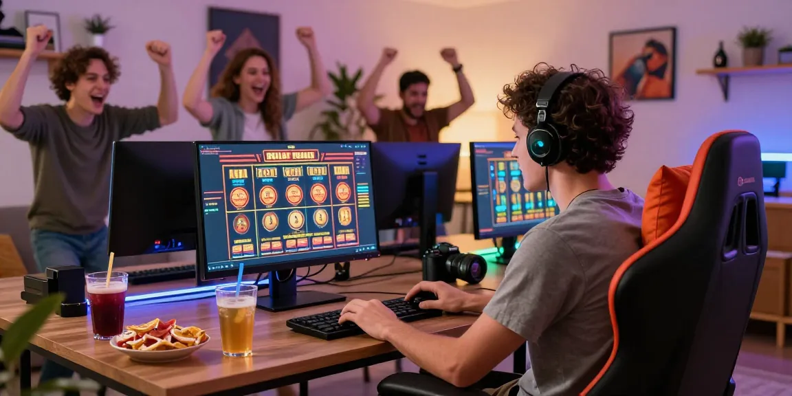 Engaged player enjoying slot deposit 5000 games in a lively home setting with friends.